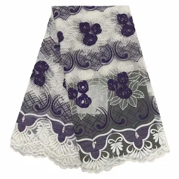 

African Lace Fabric 2019 Embroidered Rhinestones Nigerian Laces Fabric Purple White French Tulle Lace Fabric For Women 5 Yards