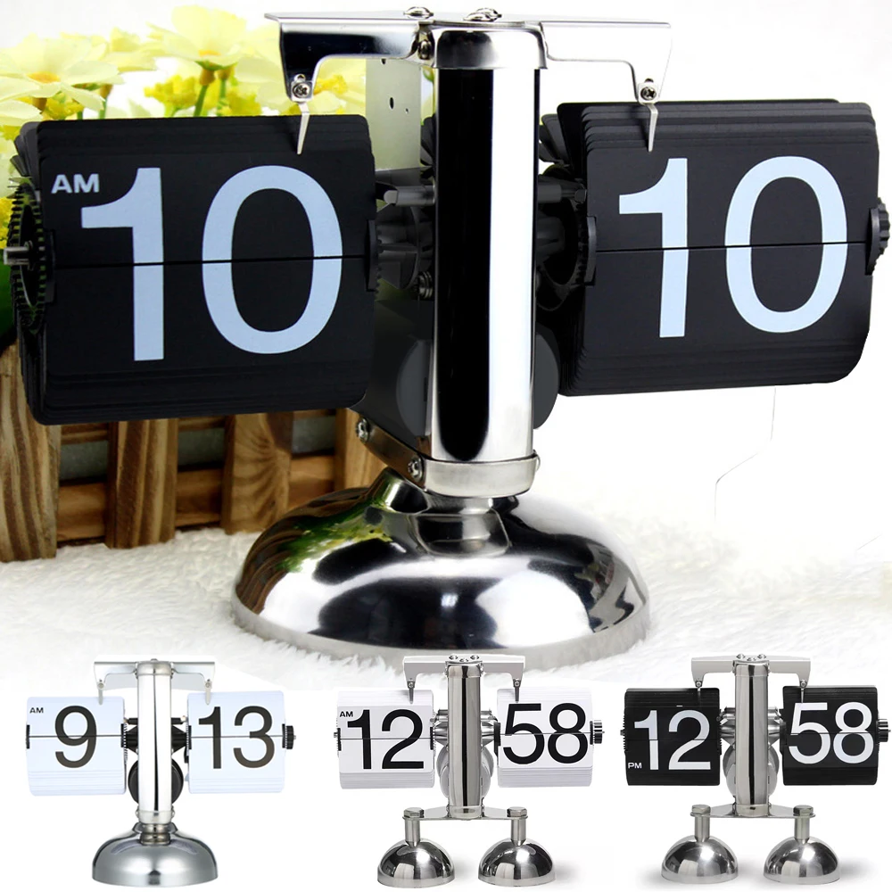 Digital Table Clock Flip Small Scale Retro Stainless Steel Internal Gear Quartz Home Decor