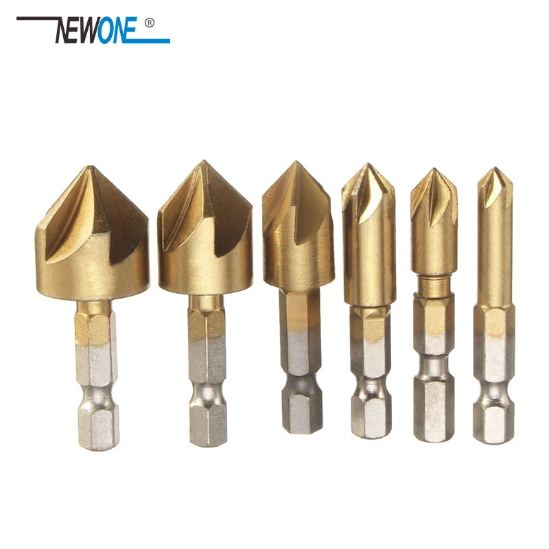 Wood Drill Bits Five Flutes Design Professional 90 Degree 6pcs Countersink Chamfer Tool 6mm-19mm 1/4 Hex Shank Wood for Woodworking 