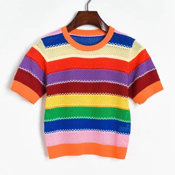 

Hollow Out Crop Top Knitted Women Tshirt 2020 Contrast Color Rainbow Striped T Shirts Korean Pick Hole Short Sleeve Thin Tops