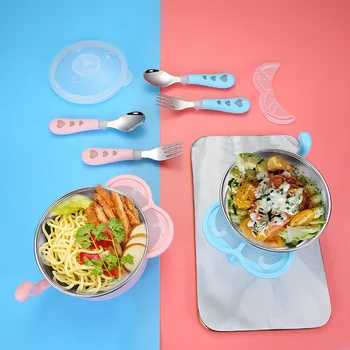 

Baby Stainless Steel Water Injection Insulation Bowl Kids Dinnerware Complementary Food Bowl Set with Spoon Fork