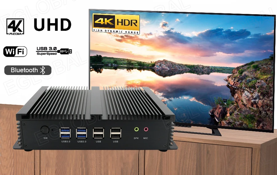 Elevate Your Workspace with Eglobal Industrial Mini PC - Intel Core i3/i5, 2 RJ45 LAN, 2 HDMI, Linux Desktop Computer, 6 RS232 COMs, 8 USB, Windows Ready Description Image.