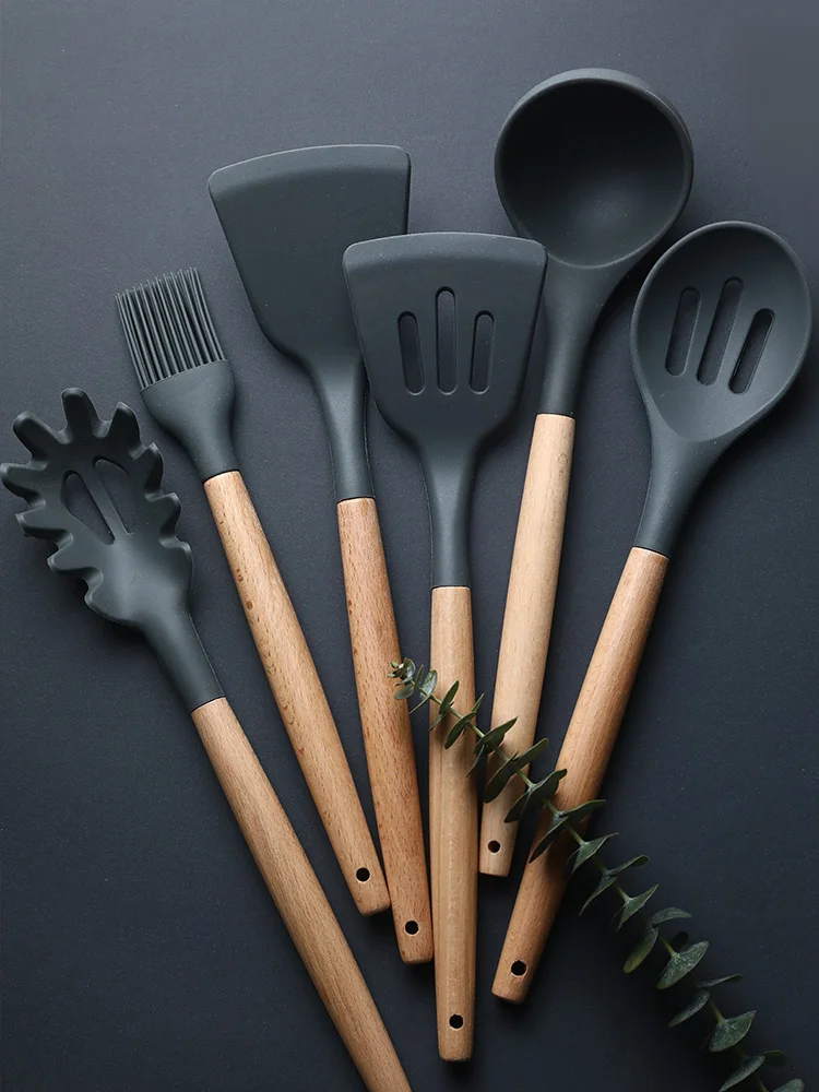 

Silicone Kitchen Tools Set Cooking Tools Utensils Set Spatula Shovel Soup Spoon with Wooden Handle Special Heat-resistant Design