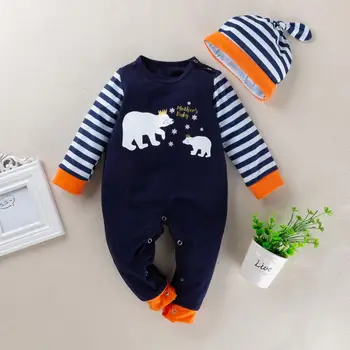 

Baby Newborn Round Collar Cartoon Animal Print Long Sleeves Stripe Romper With One-piece Hat Set Infant Cute Garment Outfit