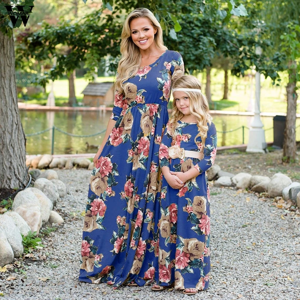 

2019 Elegant Women Plus Size Child Girls Women Long Sleeve O-Neck Print Floral Family Clothes Long Dress Party Formal Dress