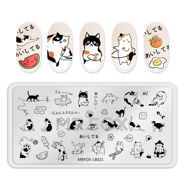 MRFOX Template Cat Animal Face LINE Designs Nail Stamping Plate Image Manicure Artist Nail Kit Beauty Design Women Breast 2