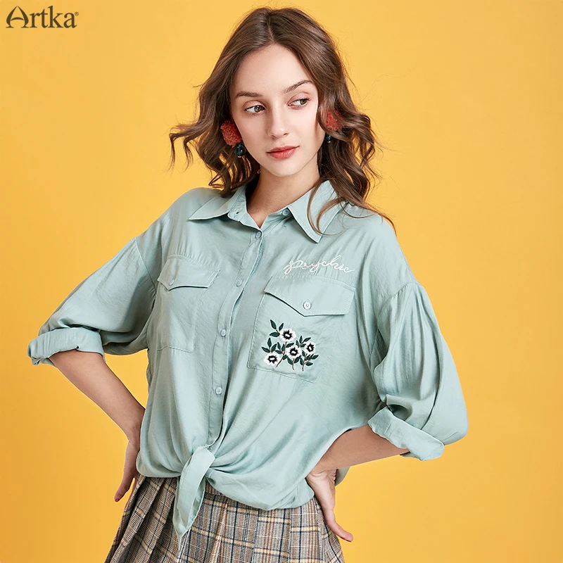 Najtaniej ARTKA 2019 jesień nowy kobiety bluzki eleganckie hafty luźne koszula na co dzień skręcić w dół kołnierz z długim rękawem bluzki damskie SA10495Q