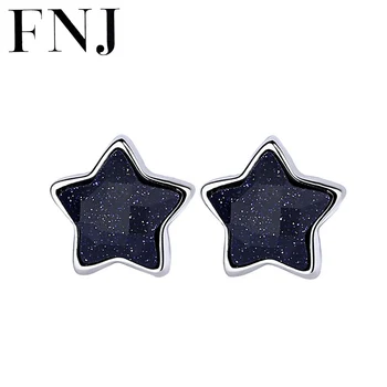 

FNJ Pentagram Earrings 925 Silver Jewelry Original Pure S925 Sterling Silver Stud Earring for Women Black shaojing star