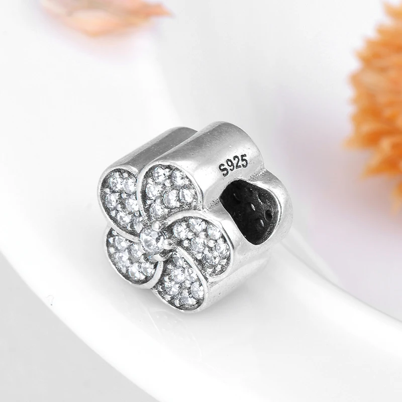 New 925 Sterling Silver FlowerBeads with Zirconiawomens Accessories Fit Original Pandora Charm Bracelet Jewelry making