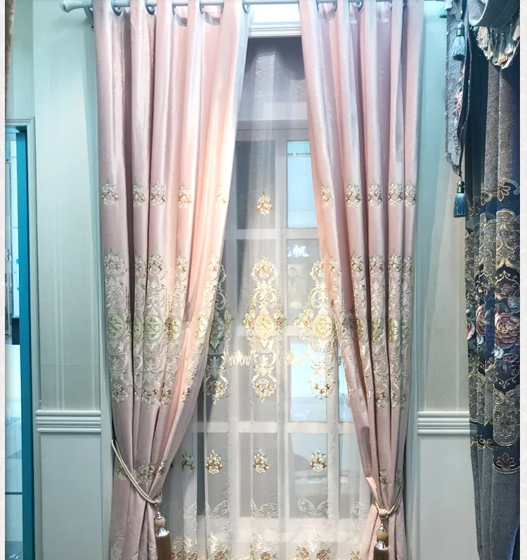 Custom curtains High grade European shading flannel embroidered pink livingroom bedroom cloth blackout curtain tulle drape M752