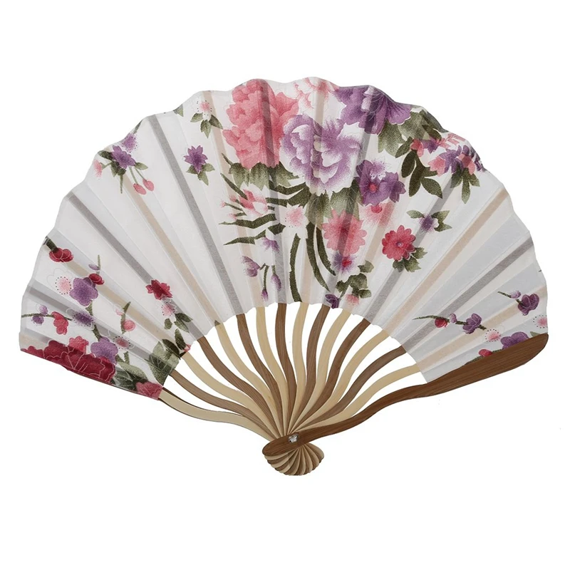 

New-Beige Bamboo Ribs Flower Printed Seashell Shape Folding Hand Fan White