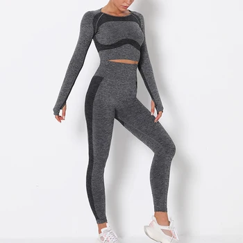 

Women Seamless Set Gym Clothing Cropped Shirts+Fitness Leggings 2 piece Sport Suit Long Sleeve Tracksuit Wear
