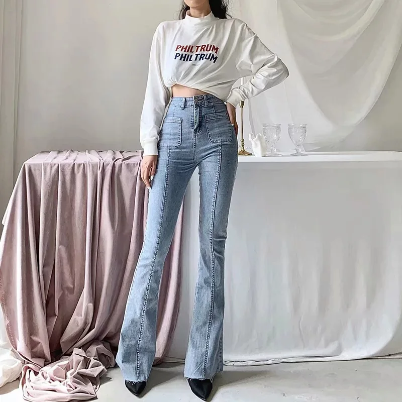 

Jeans Woman High Waist Bell Bottom Jeans Women's Autumn 2020 New Mid Seam Stitching Trousers Net Red Style Denim Flared Pants