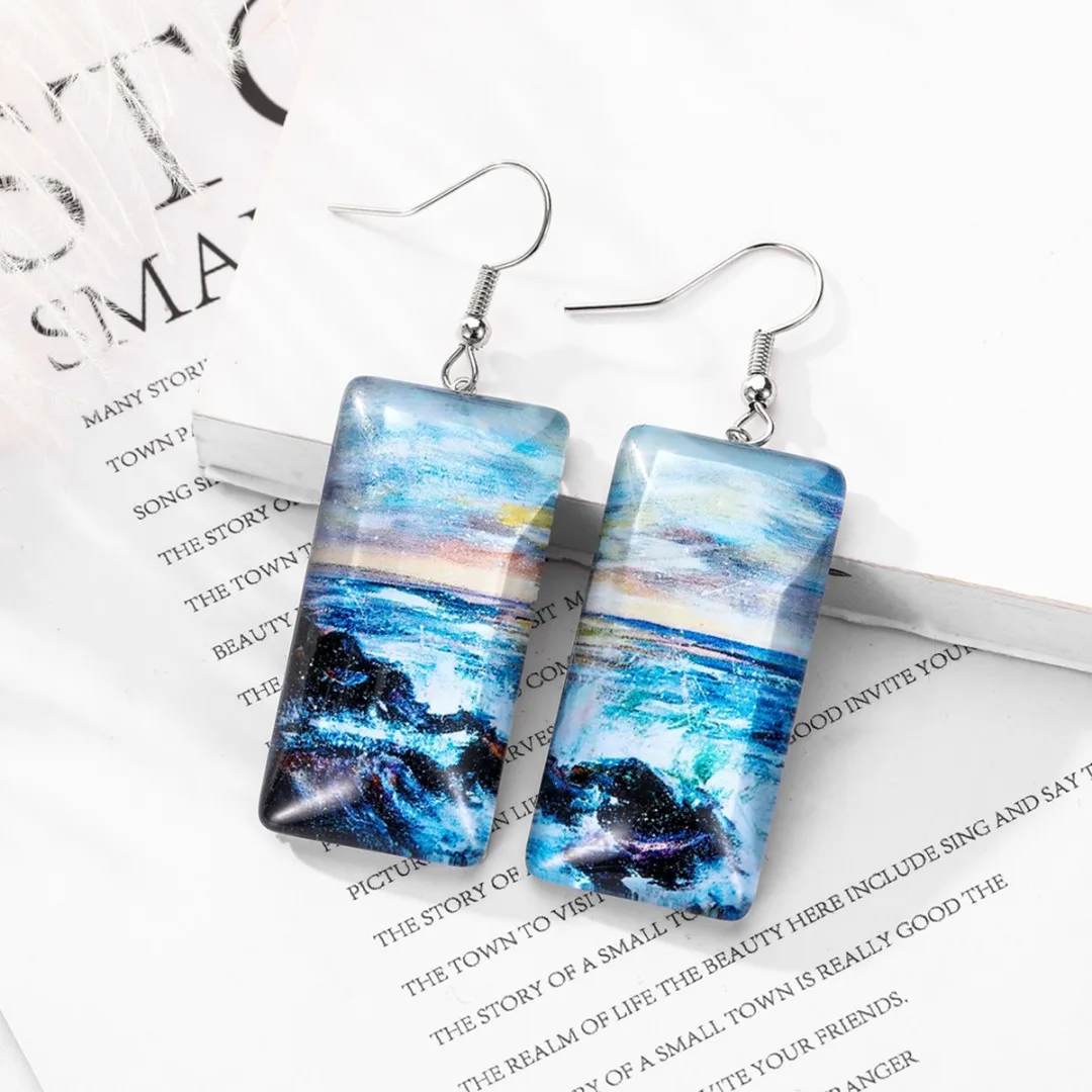 Art Resin Painting Personalized Earring For Women Tree Starry Sky Rectangular Geometric Earring Ocean Beach Style Party Jewelry
