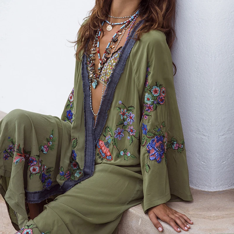 Цветочная вышивка бикини накидка пляжное платье с длинным рукавом Boho Chic Robe De Plage сексуальный женский летний кардиган пляжная одежда - Цвет: Green