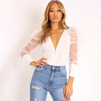 

2020 New Lace Puff Sleeve Women's Bodysuit Autumn Long Sleeve Polk Vintage Bodycon Jumpsuit Tops Skinny Mesh Bodysuits Leotard