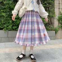 

2021 New Spring Summer Women Long skirt A-line Japanese style Sweet Cute Pleated plaid skirts Preppy style Pink skirts female