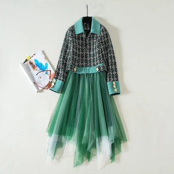 

HIGH QUALITY Newest Fashion 2020 Runway Suit Set Women's Tweed Jacket Gauze Asymmetrical Dress Set