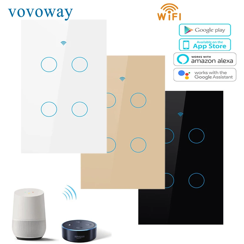 

Vovoway US Touch switch home wall stick light switch wifi network connection mobile phone APP remote control,4gang AC110V-220V