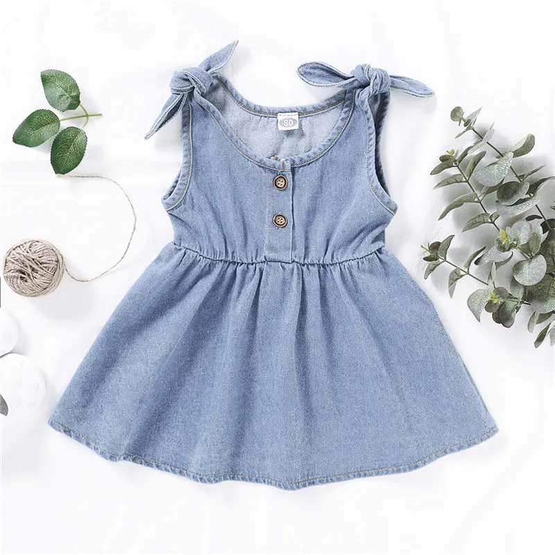 

18M-4Y Baby Girls Clothes Sleeveless Denim Dress Bowknot Casual Dress Button Design Blue Dresses Toddler Kids Clothing New
