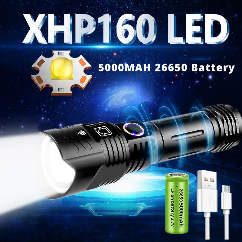 Супер яркий светодиодный фонарь XHP160 водонепроницаемый с зарядкой от USB 5000 мАч