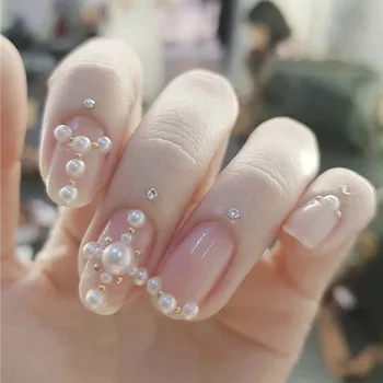 

24PCS New Fashion Full Cover White fake press on nails Bride Wearable 3D Shiny Pearl Decoration Fake Nail with Glue oval tips