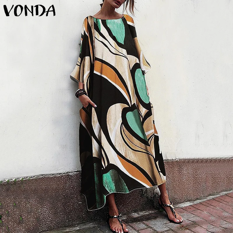 VONDA, летнее женское платье, богемное, сексуальное, с принтом, макси, длинные, вечерние, платье с круглым вырезом, повседневное Свободное платье, Femme Vestidos размера плюс