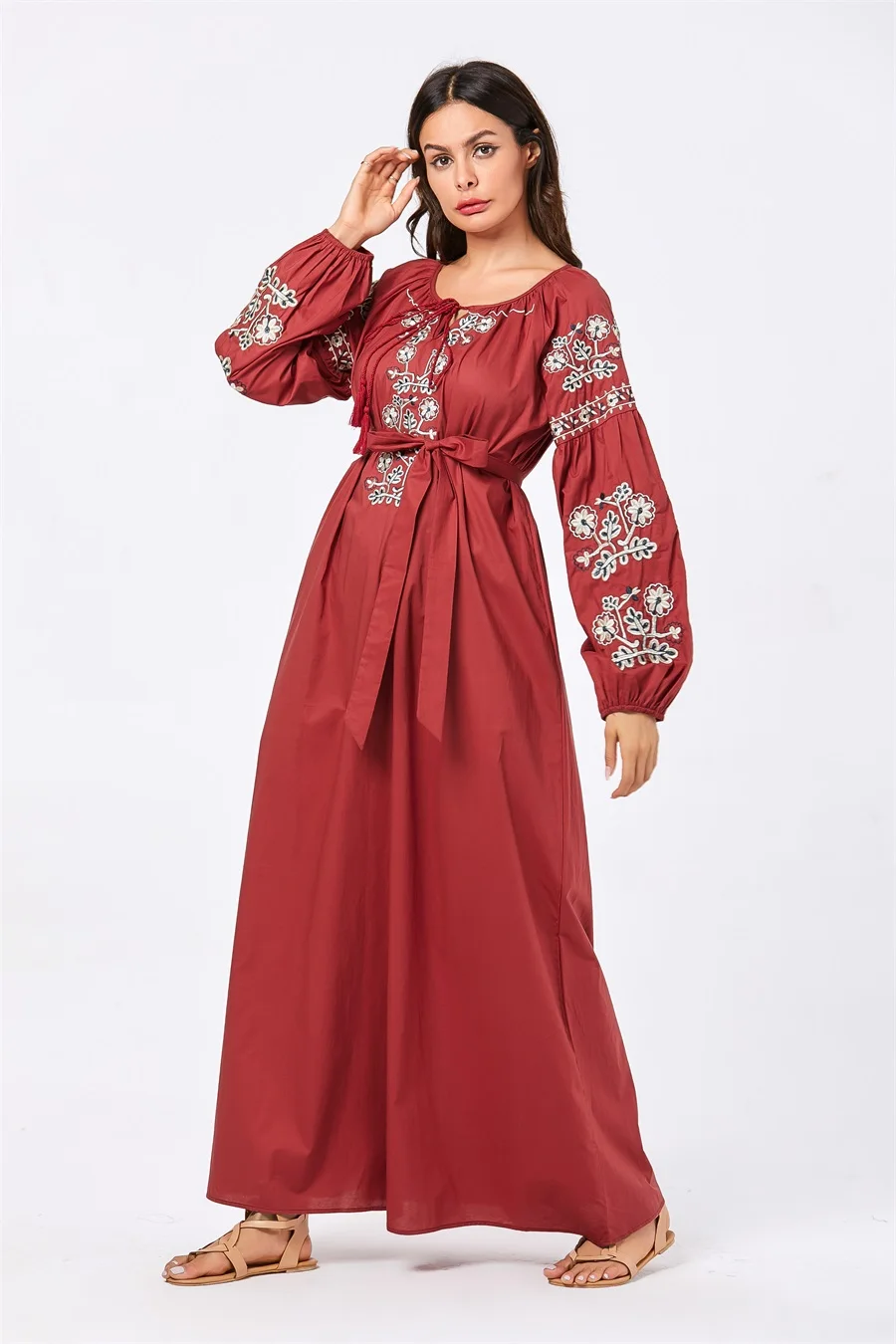 Siskakia повседневное длинное платье размера плюс элегантные женские платья с длинным рукавом красные качели Цветочная вышивка кисточка шнурок дизайн