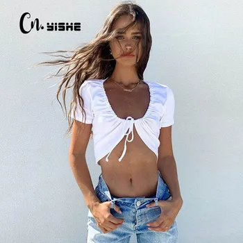 

CNYISHE 2020 Summer T-shirts Short Sleeve Drawstring Tops Women Tee T Shirts Slim Female Crop Tops Streetwear Solid Basic Shirts