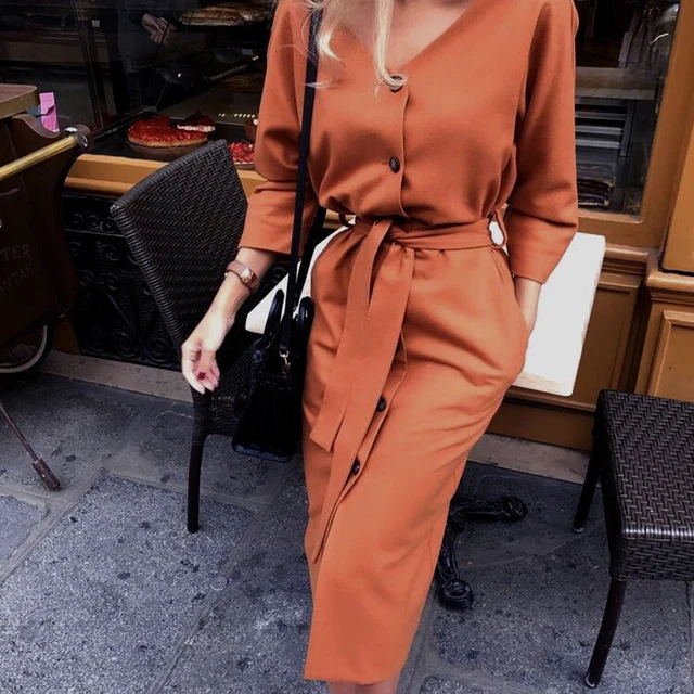 US $11.99 Sexy v Neck Autumn Long Sleeve Women Dress Ladies Sashes Button Casual Office Dress 2019 New Fashio