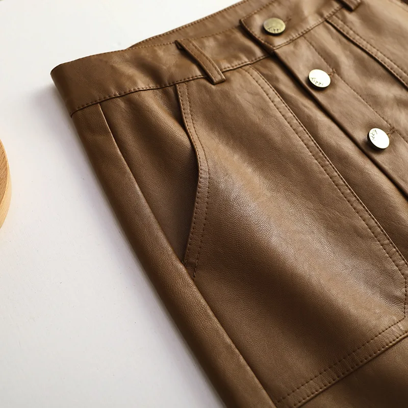 Autumn Woman PU Leather Skirt New Solid High Waist Button Front Split Slim Fit Bodycon Midi Skirt Elegant OL Skirt Saia