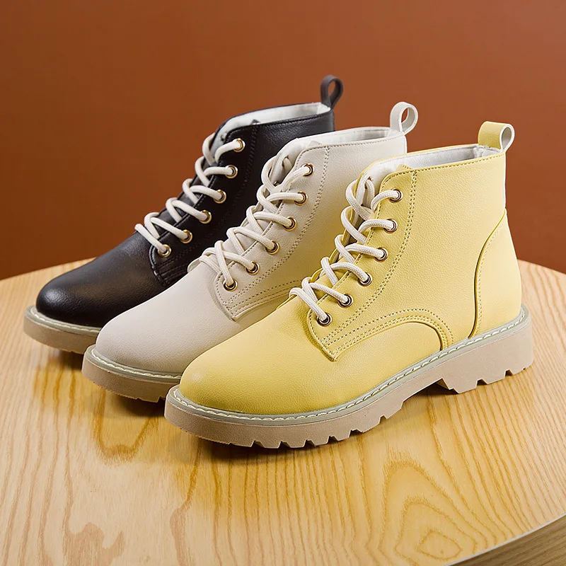 

Vogue Pu Lace woMen Ankle Boots Fashion Round Head Square Heel Botas Mujer Solid Color non-slip Casual Shoes Women