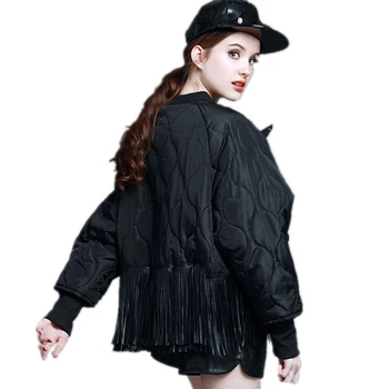 

Tassels Eyes PU Winter Loose Bomber Jacket New Long Sleeves Women Down Coat Fashion Thick Warm Female Parker Plus Size SUN100