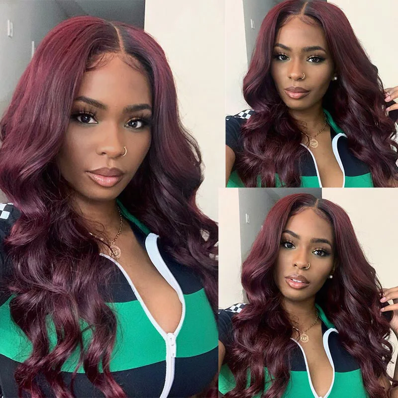 Frente do Laço Peruca de Cabelo Onda do Corpo Remyblue Borgonha Humano Peruca Pré Arrancado Laço Vermelho Frente Cabelo Remy Brasileiro 180% 99j 11 Cheap Apliques com cabelo humano
