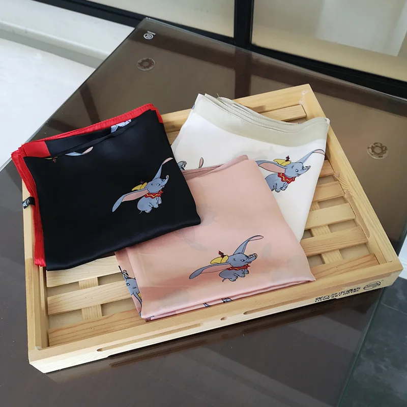

2019 New 70cm Small Scarf Imitated Silk Dumbo The Flying Elephant Pattern Neckerchief Woman Scarves Handbag Decorate Bandana