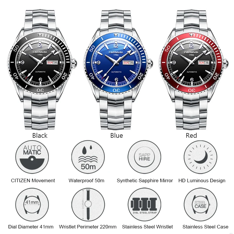 CARNIVAL Automatic Mechanical Watches Men Top Brand Luxury Business Waterproof Stainless Steel Male Clock Relogio Masculino