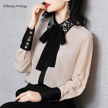 

WHITNEY WANG Blouses 2020 Spring Fashion Elegant Diamonds Beading Collar Bow Blouse Women Blusas Office Lady Shirt Top