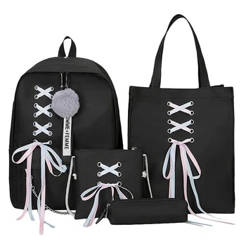 

4Pcs/Set Ribbon Chain Bowknot Letter Canvas Backpack Travel Rucksacks Leisure Backpacks For Teenage Girls School Bagpack Black