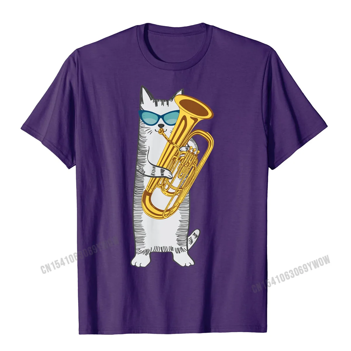 Faddish Men's T-shirts Crew Neck Short Sleeve 100% Cotton Casual T Shirt Crazy T-Shirt Free Shipping Tuba Cat Wearing Retro Sunglasses For Low Brass Players T-Shirt__122 purple