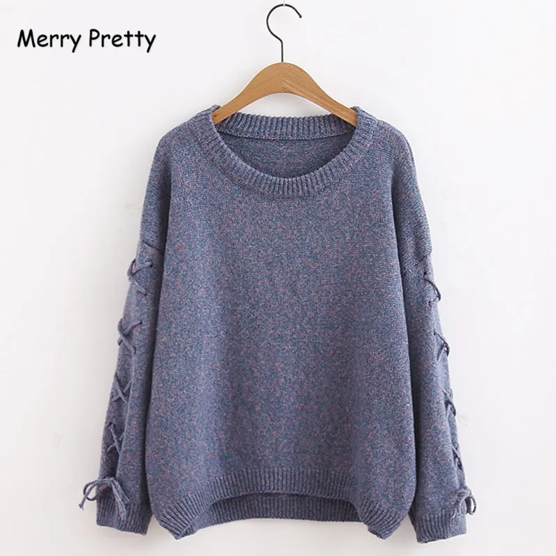 

Merry Pretty Casual o-neck knitted sweater women jumper Lace up sleeve knitting pull femme autumn winter sweater pullover female