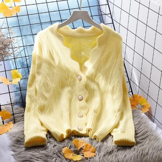

Yellow Women Knitted Cardigans Sweater Fashion Autumn Long Sleeve Loose Coat Casual Cloth Button Thick V Neck Solid Tops Clothes