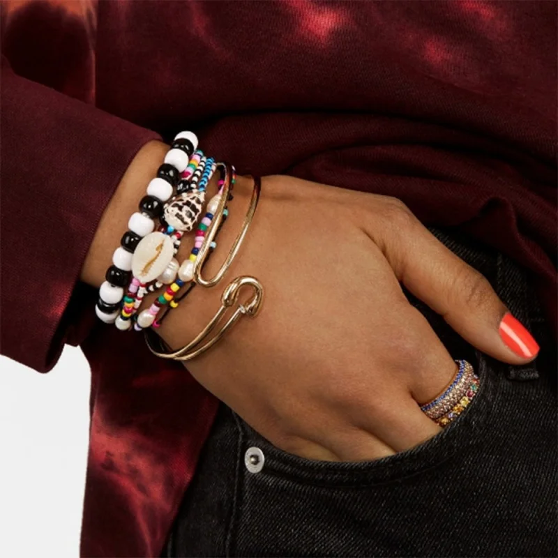 

Lalynnly Colorful Beads Layered Bracelet Set DIY Bohemian Statement Shell Conch Bangles Summer Beach Female Jewelry New B10541