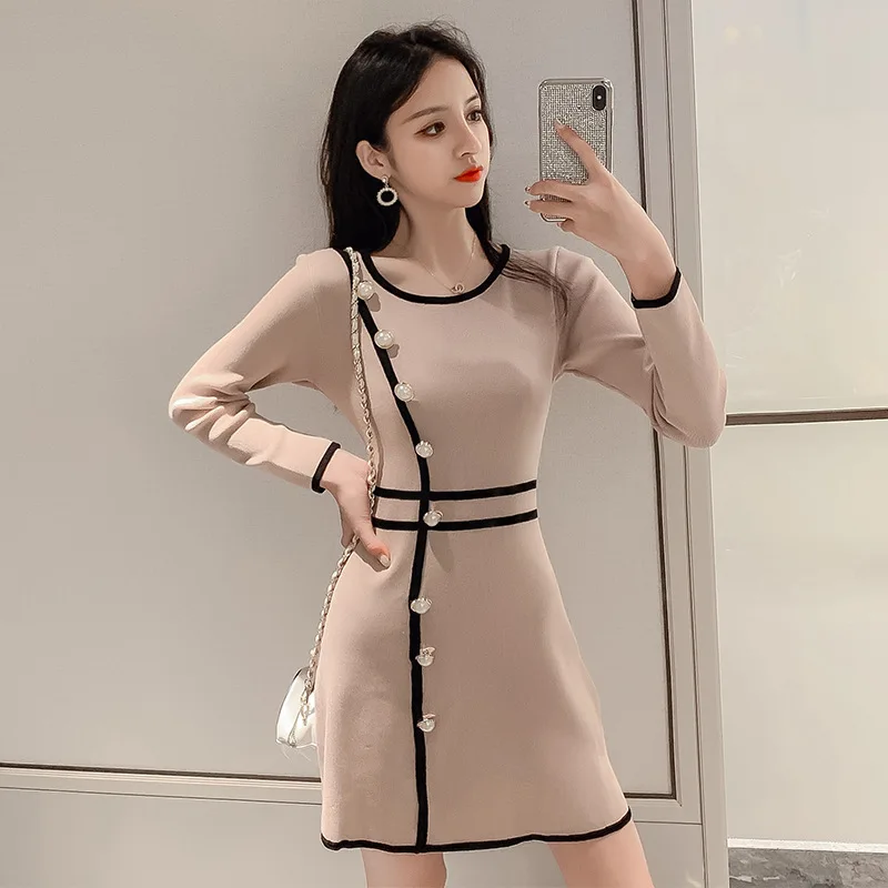 

2019 Autumn And Winter New Style Korean-style Graceful Contrast Color Slimming Elegant Buckle Jersey Dress