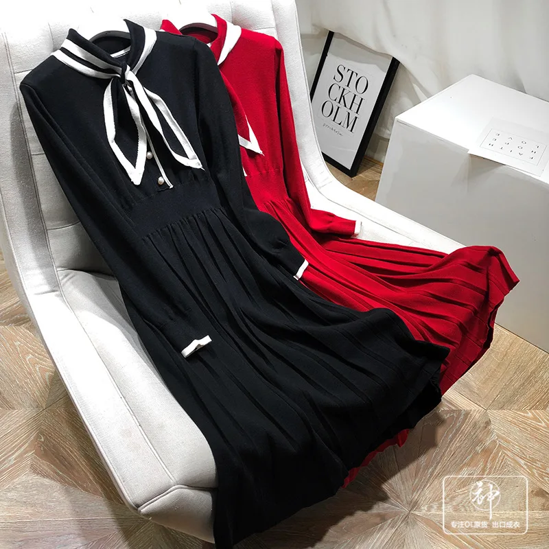 

A Generation of 2019 Winter New Sweet American Bow Collar Slim Fit Jersey Dress Women's Entity