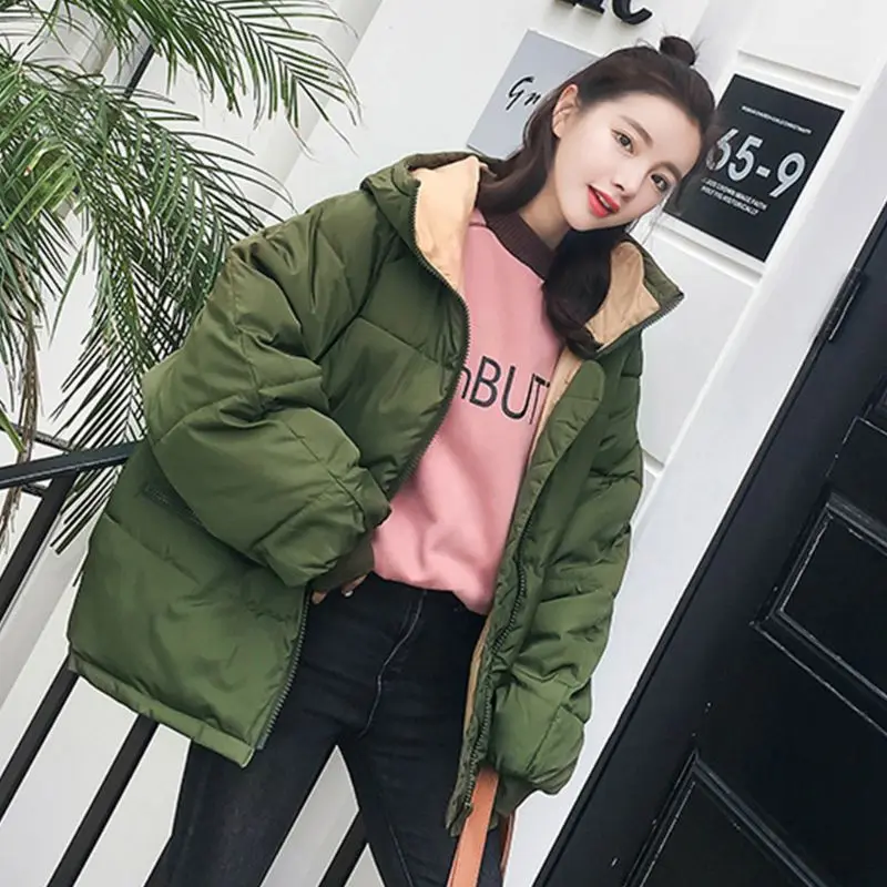 Korean Womens Winter Thicken Cotton-Padded Hooded Jacket Solid Color Oversized Loose Bread Outerwear Zipper Warm Coat