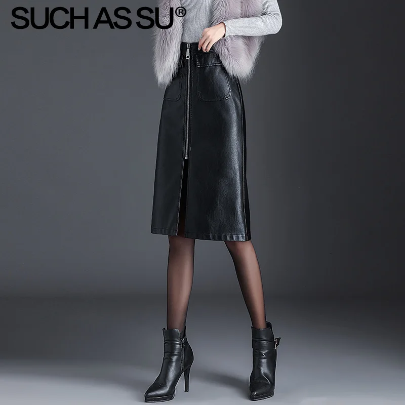 Новая осенне-зимняя женская юбка из искусственной кожи, черная юбка средней длины А-силуэта, S-3XL Женская юбка из искусственной кожи на молнии с высокой талией - Цвет: Black Skirt