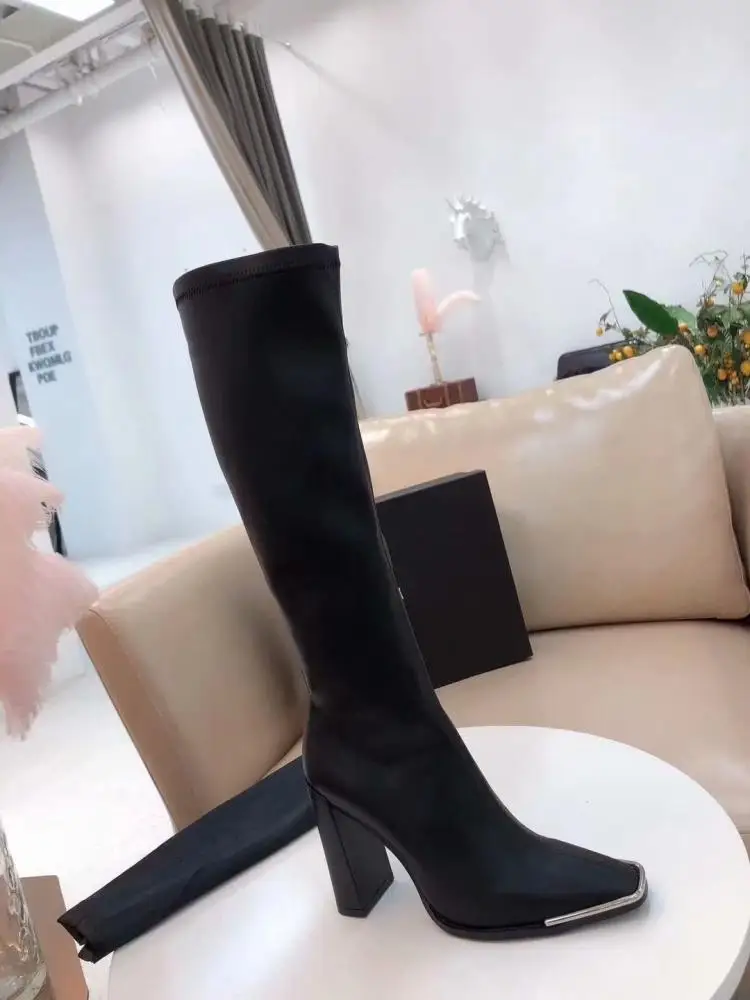 Royal Belle Autumn Winter Metal Square Toe Boots Thick High-heeled Boots Bright Skin Female Stretch High Boots Knee Boots