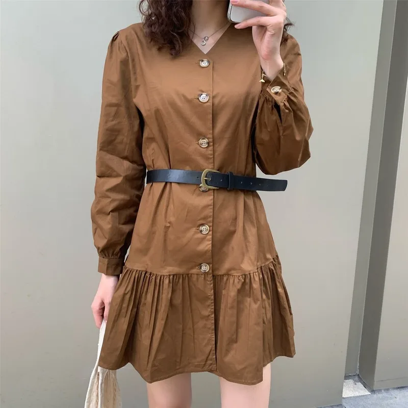 

2020 Women Shirt Dress Autumn Casual Solid Ruffles Cardigon Mini Dresses Female Vintage V-Neck Sashes Vestidos with Button