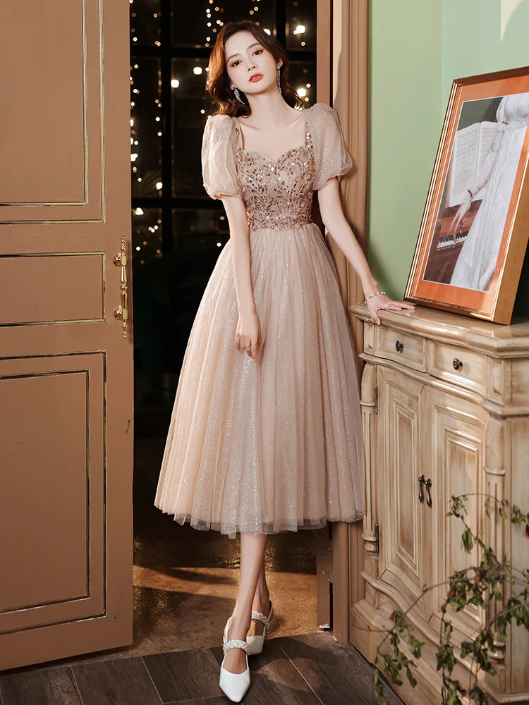 Classic Women Prom Dress Puff Sleeve Beading Sequins Tulle Princess Gowns Female Slim A-Line Banquet Dresses | Свадьбы и торжества