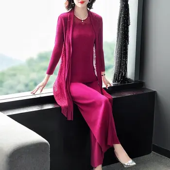 

Women's 2020 Spring Set Fashion Pleated Slim Chiffon Pant Suits of the Formal Vintage Elegant 3 Piece Sets Pantsuit Outfits F154